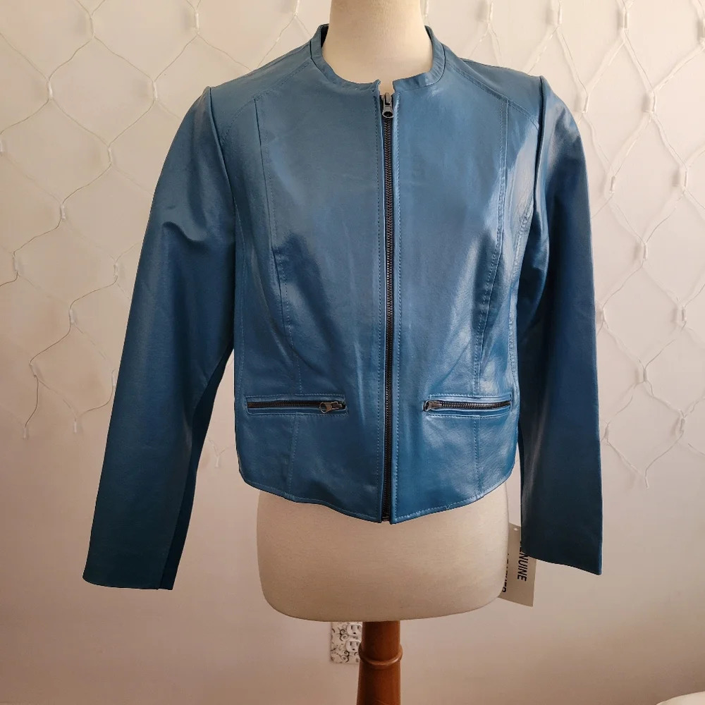 Jessica London Leather Moto Jacket • Teal Blue • Size Medium
